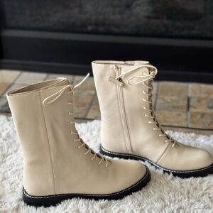 J. Crew Laced up lug sole boots refined leather ivory